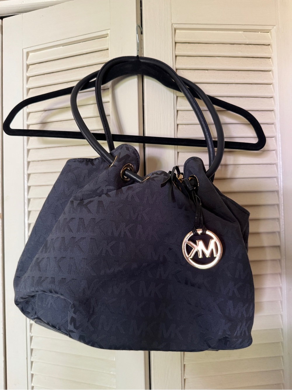 Michael Kors Black MK Logo Drawstring Shoulder Bag with Gold Charm